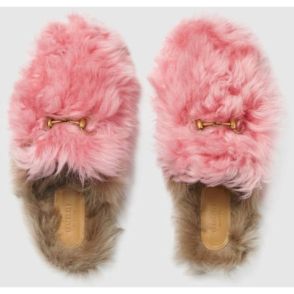 Authentic GUCCI WMN’s Pink Wool Horsebit Fur Princetown Jordaan Mules Sz 10US